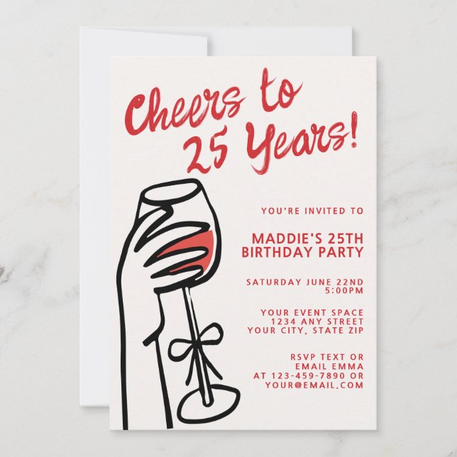 Invitation Simple dessin à la main vin rouge 25e anniversaire (Devant)