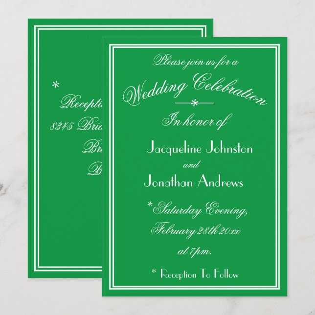 Invitation Simple détails de police blanche Mariage vert émer (Devant / Derrière)