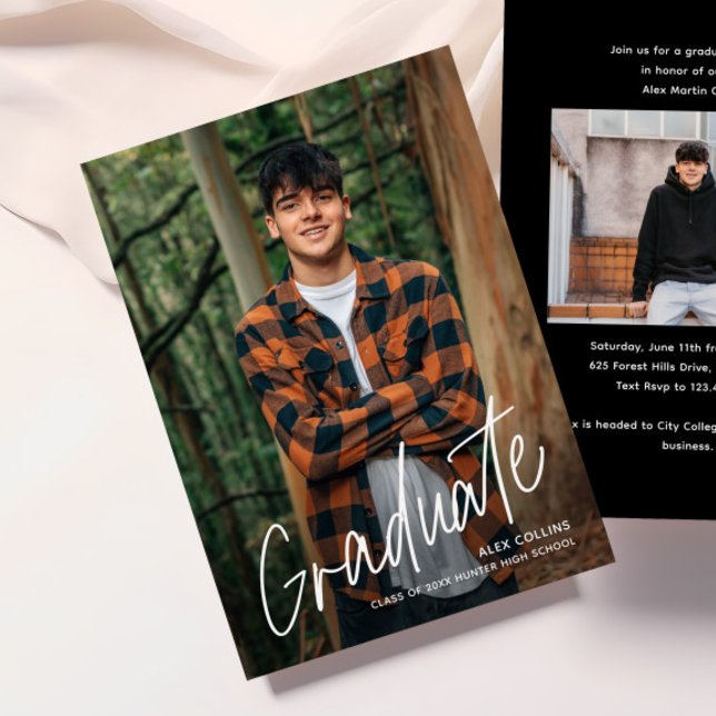 Invitation Simple diplôme photo moderne manuscrit (Simple handwritten modern 2 photo graduation invitations.)