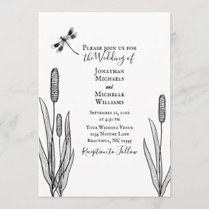 Invitation Simple Dragonfly et Cattails Black White Mariage