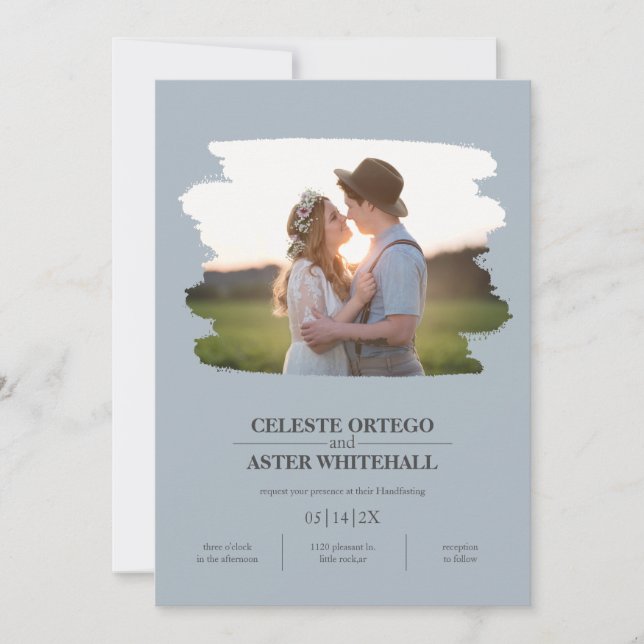 Invitation Simple Dusty Bleu Photo Brosse Bordure Poignée (Devant)