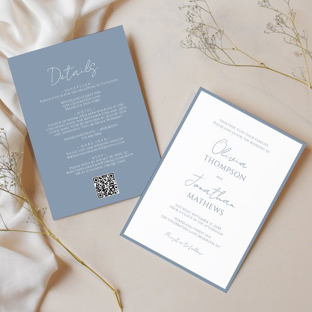 Invitation Simple Dusty Blue Border Script QR Code Mariage (Créateur téléchargé)