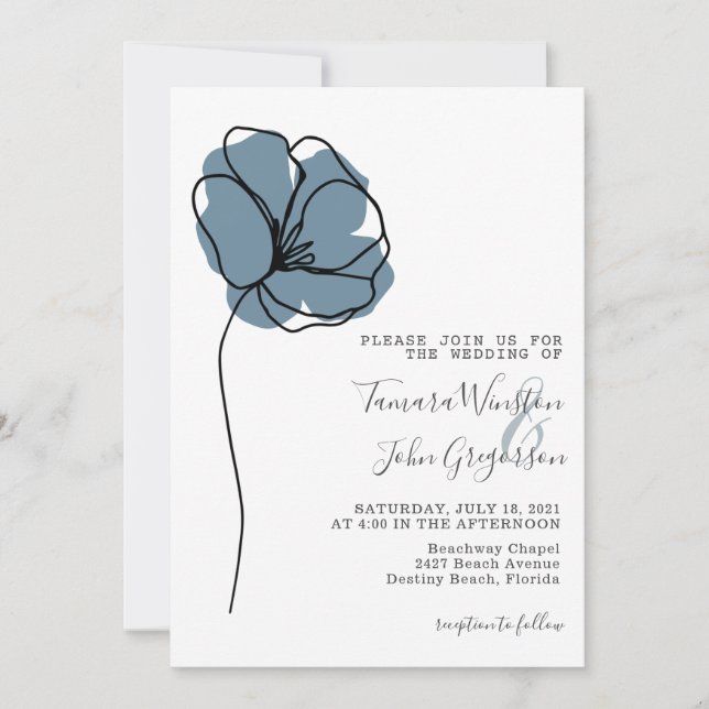 Invitation Simple Dusty Blue Floral ligne de dessin Art Maria (Devant)