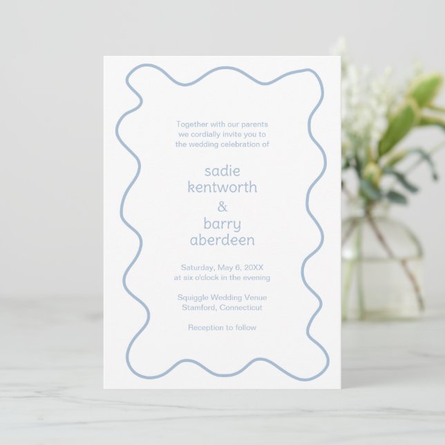 Invitation Simple Dusty Blue Squiggle Frame Moderne Mariage (Debout devant)