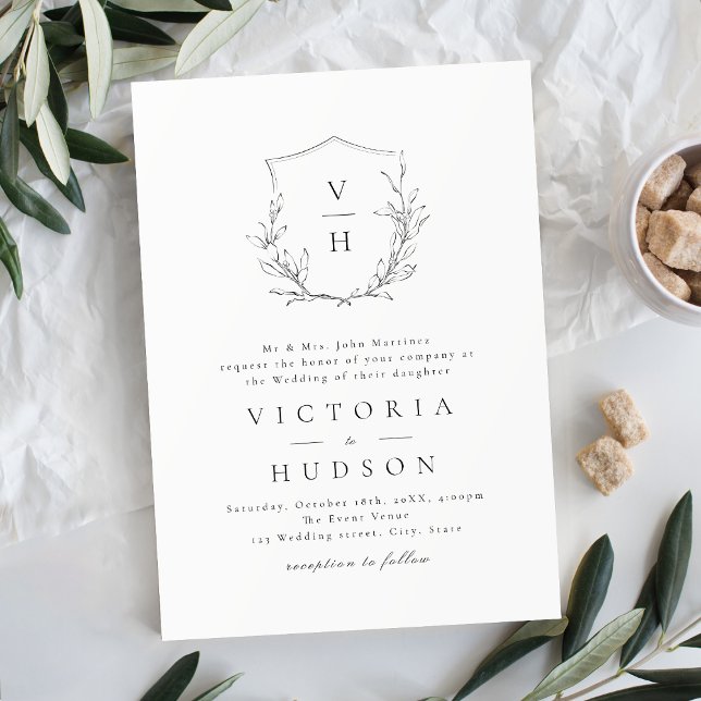 Invitation Simple élégance botanique crête mariage monogramme (Créateur téléchargé)