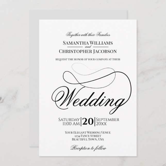 Invitation Simple Elégance minimaliste Mariage noir et blanc (Devant / Derrière)