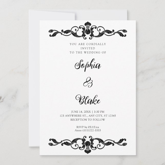 Invitation Simple Elegance Noir et Blanc Art Déco Mariage (Devant)
