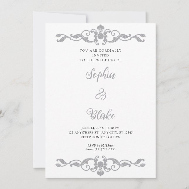Invitation Simple Elegance Silver and White Art Déco Mariage (Devant)