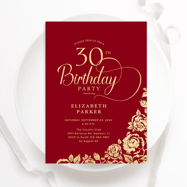 Invitation Simple élégant 30e anniversaire Roses d'or rouge (Créateur téléchargé)