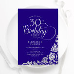 Invitation Simple Elégant 30e anniversaire violet Roses d'arg<br><div class="desc">Simple et élégante invitation de fête de 30ème anniversaire en violet et argent. Design classique avec rose, faux feuille argent et police de script de typographie. Carte invitation tendance parfaite pour une célébration anniversaire élégante. Personnalisez avec vos propres détails. Peut être customisé à n'importe quel âge. Invitations Zazzle imprimées ou...</div>