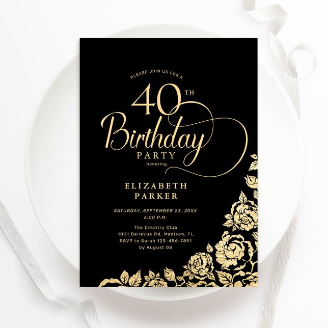Invitation Simple élégant 40e anniversaire Black Gold Roses (Créateur téléchargé)