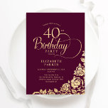 Invitation Simple élégant 40e Anniversaire Bourgogne Or<br><div class="desc">Simple et élégante invitation à la fête du 40e anniversaire en bordeaux et or. Design classique avec rose, faux feuille d'or et police de script de typographie. Carte invitation tendance parfaite pour une célébration anniversaire élégante. Personnalisez avec vos propres détails. Peut être customisé à n'importe quel âge. Invitations Zazzle imprimées...</div>