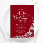 Invitation Simple élégant 40e anniversaire Roses d'argent rou<br><div class="desc">Simple et élégante invitation de fête de 40e anniversaire en rouge et argent. Design classique avec rose, faux feuille argent et police de script de typographie. Carte invitation tendance parfaite pour une célébration anniversaire élégante. Personnalisez avec vos propres détails. Peut être customisé à n'importe quel âge. Invitations Zazzle imprimées ou...</div>