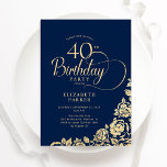 Invitation Simple élégant 40e anniversaire Roses d'or de la M<br><div class="desc">Simple et élégante invitation de fête de 40e anniversaire en marine et or. Design classique avec rose, faux feuille d'or et police de script de typographie. Carte invitation tendance parfaite pour une célébration anniversaire élégante. Personnalisez avec vos propres détails. Peut être customisé à n'importe quel âge. Invitations Zazzle imprimées ou...</div>