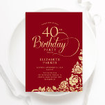 Invitation Simple élégant 40e anniversaire Roses d'or rouge<br><div class="desc">Simple et élégante invitation de fête de 40ème anniversaire en rouge et or. Design classique avec rose, faux feuille d'or et police de script de typographie. Carte invitation tendance parfaite pour une célébration anniversaire élégante. Personnalisez avec vos propres détails. Peut être customisé à n'importe quel âge. Invitations Zazzle imprimées ou...</div>