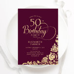 Invitation Simple élégant 50e Anniversaire Bourgogne Or<br><div class="desc">Simple et élégante invitation à la fête du 50e anniversaire en bordeaux et or. Design classique avec rose, faux feuille d'or et police de script de typographie. Carte invitation tendance parfaite pour une célébration anniversaire élégante. Personnalisez avec vos propres détails. Peut être customisé à n'importe quel âge. Invitations Zazzle imprimées...</div>