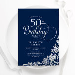 Invitation Simple élégant 50e anniversaire Marine Roses d'arg<br><div class="desc">Simple et élégante invitation à la fête du 50e anniversaire en marine et argent. Design classique avec rose, faux feuille argent et police de script de typographie. Carte invitation tendance parfaite pour une célébration anniversaire élégante. Personnalisez avec vos propres détails. Peut être customisé à n'importe quel âge. Invitations Zazzle imprimées...</div>