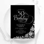 Invitation Simple élégant 50e anniversaire Noir Roses d'argen<br><div class="desc">Simple et élégante invitation à la fête du 50e anniversaire en noir et argent. Design classique avec rose, faux feuille argent et police de script de typographie. Carte invitation tendance parfaite pour une célébration anniversaire élégante. Personnalisez avec vos propres détails. Peut être customisé à n'importe quel âge. Invitations Zazzle imprimées...</div>