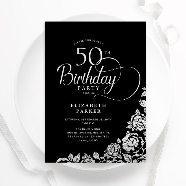 Invitation Simple élégant 50e anniversaire Noir Roses d'argen (Créateur téléchargé)