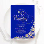 Invitation Simple élégant 50e anniversaire Royal Blue Gold Ro<br><div class="desc">Simple et élégante invitation à la fête du 50e anniversaire en bleu royal et or. Design classique avec rose, faux feuille d'or et police de script de typographie. Carte invitation tendance parfaite pour une célébration anniversaire élégante. Personnalisez avec vos propres détails. Peut être customisé à n'importe quel âge. Invitations Zazzle...</div>