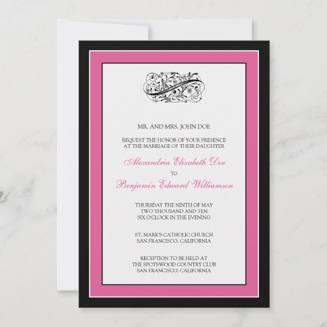 Invitation Simple Elegant 5x7 Noir / Fuschia Mariage Inviter (Devant)