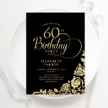 Invitation Simple élégant 60e anniversaire Black Gold Roses<br><div class="desc">Simple et élégante invitation à la fête du 60e anniversaire en noir et or. Design classique avec rose, faux feuille d'or et police de script de typographie. Carte invitation tendance parfaite pour une célébration anniversaire élégante. Personnalisez avec vos propres détails. Peut être customisé à n'importe quel âge. Invitations Zazzle imprimées...</div>