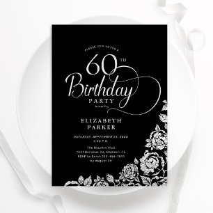 Invitation Simple élégant 60e anniversaire Noir Roses d'argen