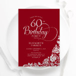 Invitation Simple élégant 60e anniversaire Roses d'argent rou<br><div class="desc">Simple et élégante invitation à la fête du 60e anniversaire en rouge et argent. Design classique avec rose, faux feuille argent et police de script de typographie. Carte invitation tendance parfaite pour une célébration anniversaire élégante. Personnalisez avec vos propres détails. Peut être customisé à n'importe quel âge. Invitations Zazzle imprimées...</div>