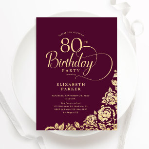 Invitation Simple Elégant 80e Anniversaire Bourgogne Or