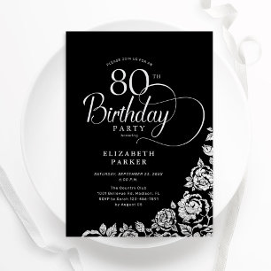 Invitation Simple élégant 80e anniversaire Noir Roses d'argen