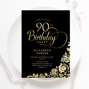 Invitation Simple Elégant 90e anniversaire Black Gold Roses