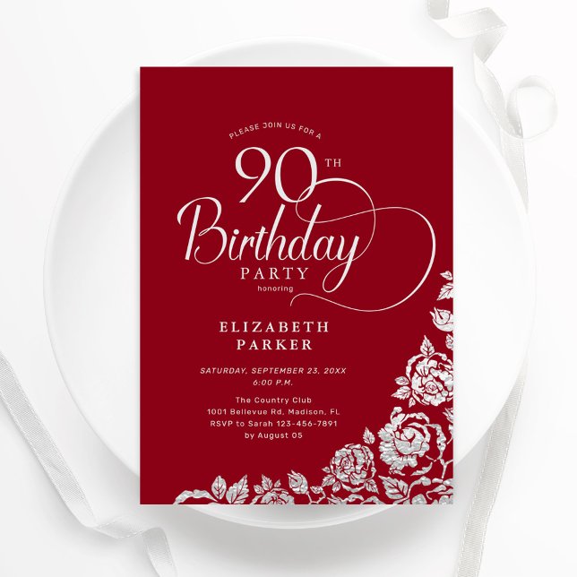 Invitation Simple élégant 90e anniversaire Roses d'argent rou (Créateur téléchargé)