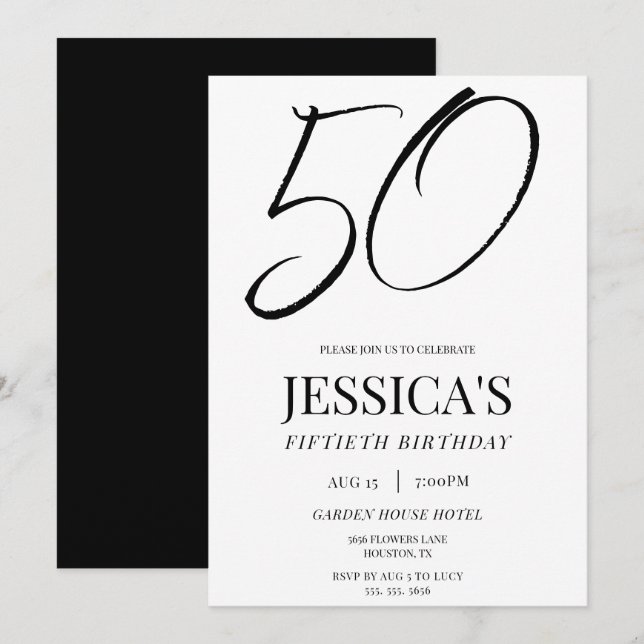 Invitation Simple Élégant Anniversaire 50 Ans Fête Unisexe (Devant / Derrière)