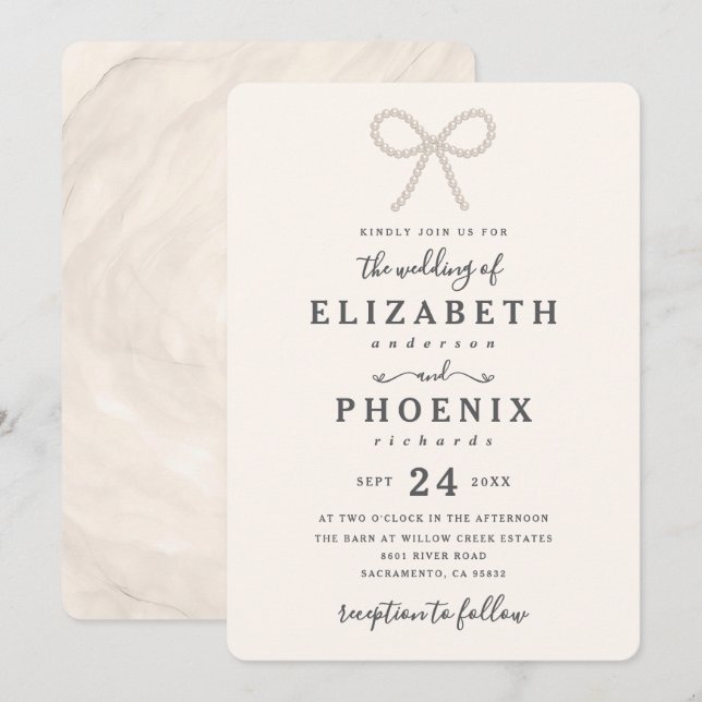 Invitation Simple Élégant Antique Perle Nœud Papillon Mariage (Devant / Derrière)