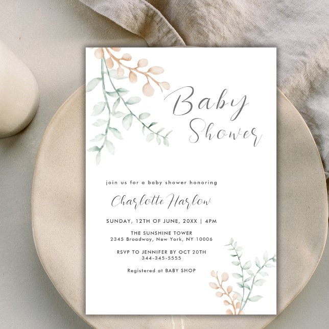 Invitation Simple Elégant Baby shower Eucalyptus (Simple Elegant Greenery Eucalyptus Baby Shower Invitation)