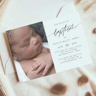 Invitation Simple Élégant Baptême Christening Script Photo