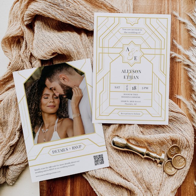 Invitation Simple Elegant Black Gold Art Déco QR Code Photo (Créateur téléchargé)