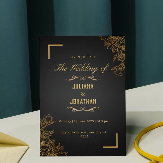 Invitation Simple Elegant Black & Gold Floral Enregistrer la  (Créateur téléchargé)