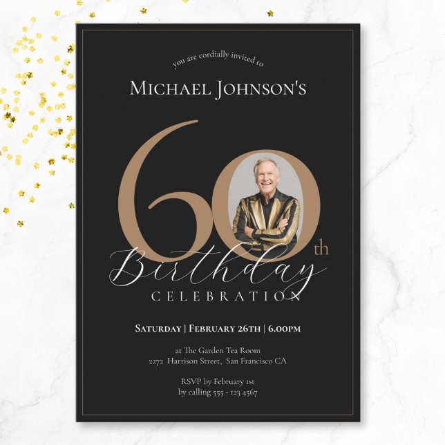 Invitation Simple Elegant Black Gold Photo 60e anniversaire (Mockup View)