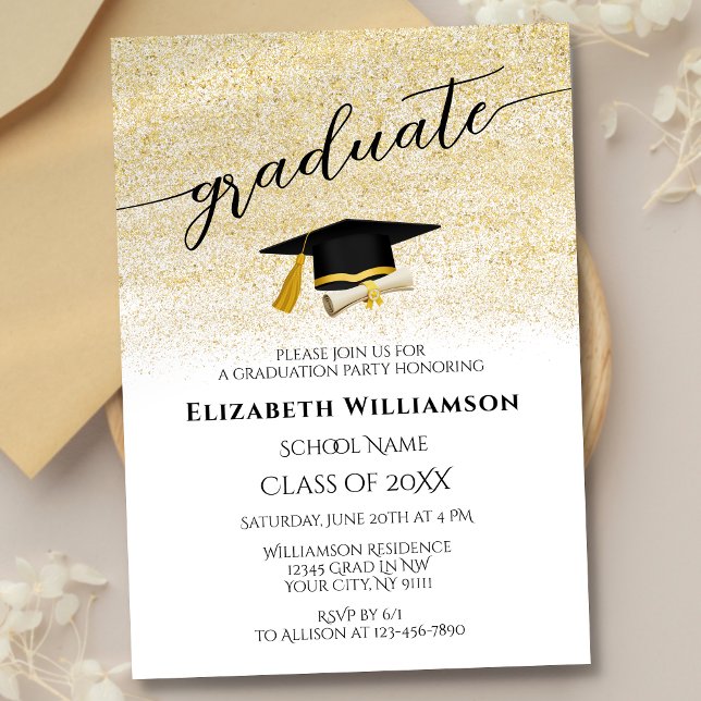 Invitation Simple Elegant Black Gold Script Graduation Party (Créateur téléchargé)
