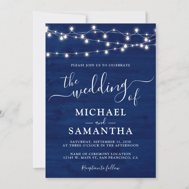 Invitation Simple Elegant Bleu Mariage rustique (Devant)