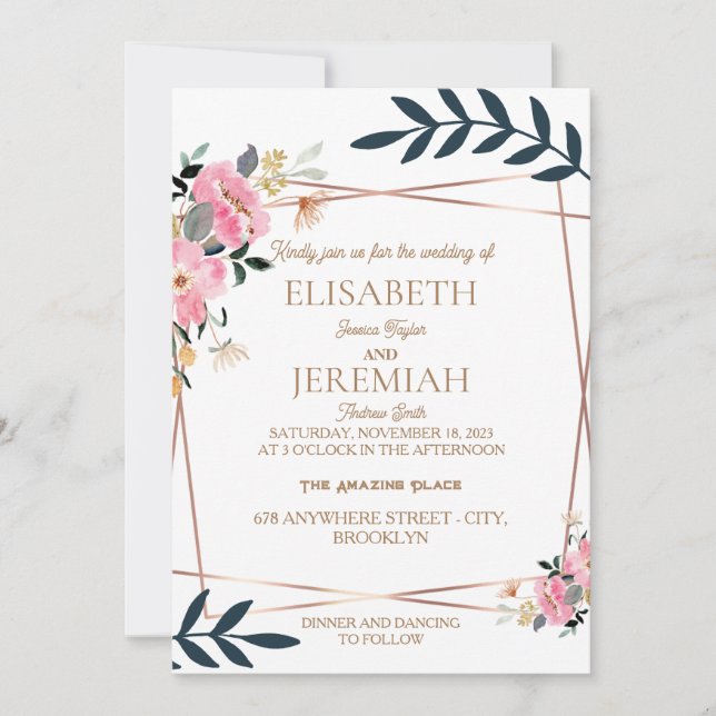 Invitation simple élégant boho fleuri mariage or botanique (Devant)