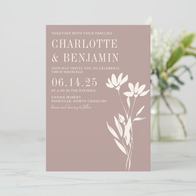 Invitation Simple Elégant Botanique Dusty Mauve Mariage ivoir (Debout devant)