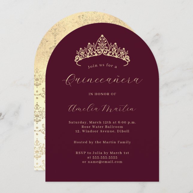 Invitation Simple Elegant Bourgogne Or Tiara Quinceanera (Devant / Derrière)