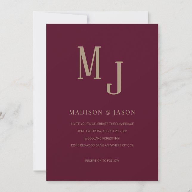 Invitation Simple Elegant Bourgogne romain Monogram Mariage (Devant)