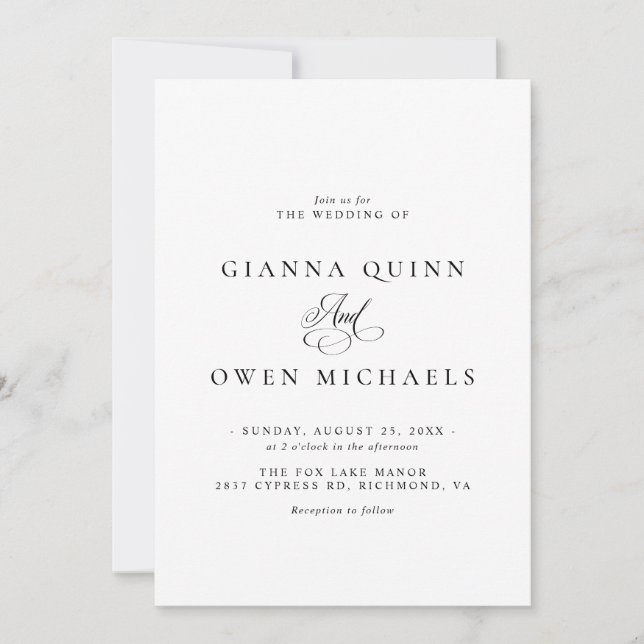 Invitation Simple Elegant Classic Mariage noir et blanc (Devant)