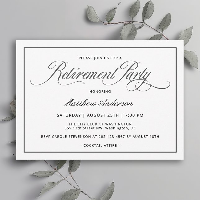 Invitation Simple Elegant Classic White Retraite Party (Available in both printed and instant download digital formats.)