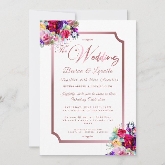 Invitation Simple Elegant Coral Rose Floral Script | Moderne (Devant)