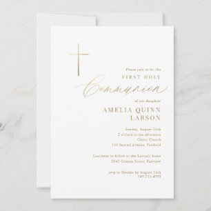 Invitation Simple Élégant Croix d'Or Première Sainte Communio