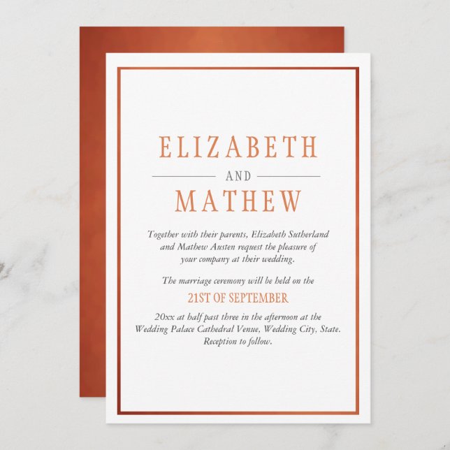 Invitation Simple élégant Cuivre blanc Orange Mariage moderne (Devant / Derrière)